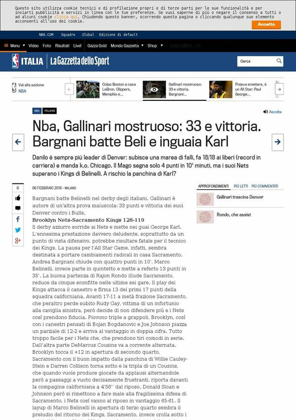 6 febbraio 2016 gazzetta.it Nba, Gallinari mostruoso: 33 e vittoria.