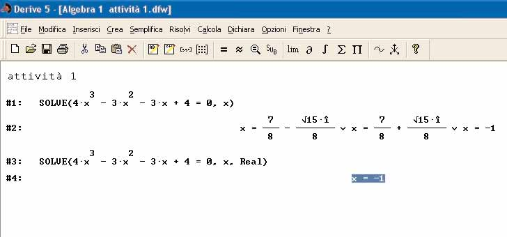 Algebra 2 Capitolo 4 Risolvere in ambiente Derive la seguente equazione reciproca: 4x 3 3x 2 3x+4=0.