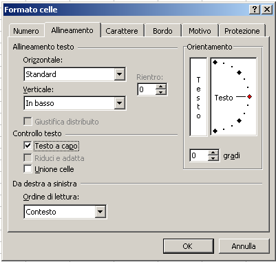 Modificare l orientamento selezionare la cella da modificare menu Formato Celle Allineamento digitare l orientamento del testo in gradi nella casella
