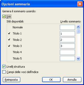 Indici e sommario Word offre la possibilità di inserire automaticamente indici e sommari: Per inserire un sommario, una volta impostati i titoli e i sottotitoli dei vari capitoli con gli stili