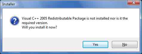 Quando viene visualizzata la seguente finestra di dialogo, fare clic su [Yes]. Viene installato il pacchetto di ridistribuzione Visual C++ 2005.