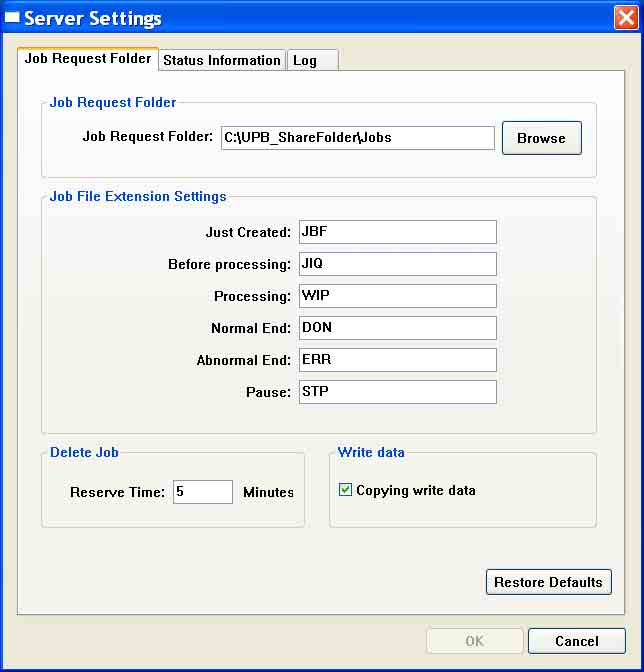 Impostazioni server Fare clic su [Settings(S)] nella barra dei menu per selezionare [Server Settings]. Scheda [Job Request Folder] [OK]: È possibile selezionare quando si modificano le impostazioni.