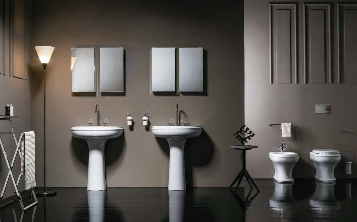 lavabo tondo cm 70 CHA 270 con colonna CHA 300, vaso e bidet a terra cm 52 CHA 500/CHA 100/P.