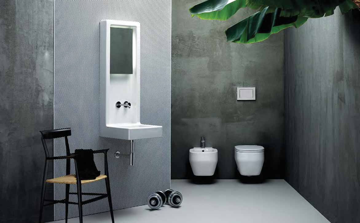 lavabo sospeso NOOK con rubinetteria a parete, vaso e bidet GLAZE sospeso, rubinetteria LINEA NOOK