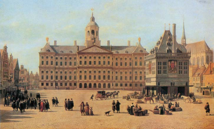 Una piazza di Amsterdam in un dipinto del XVII secolo.