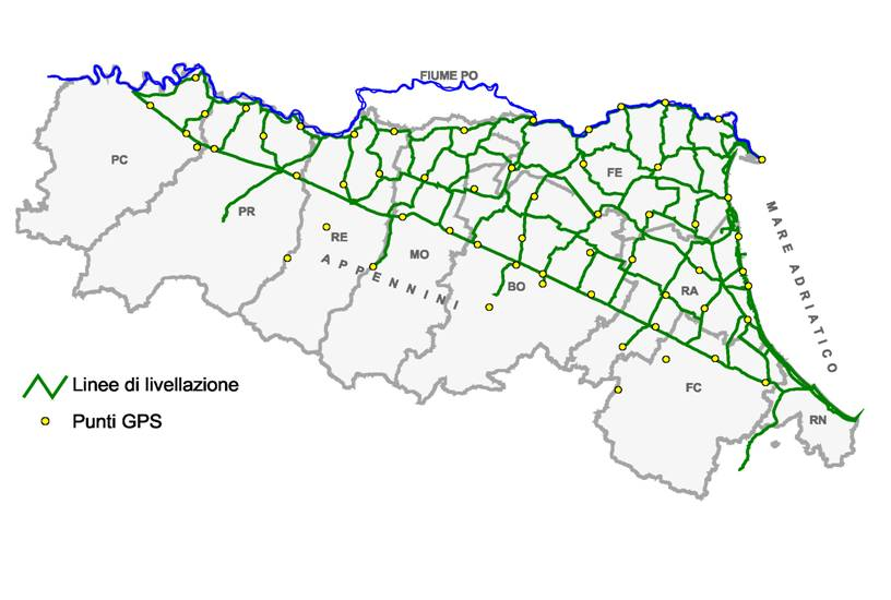 LA RETE REGIONALE DI CONTROLLO DELLA SUBSIDENZA 1999 prima misura La rete è ancorata tramite 6 linee aperte a capisaldi preesistenti situati in aree appenniniche ritenute stabili,