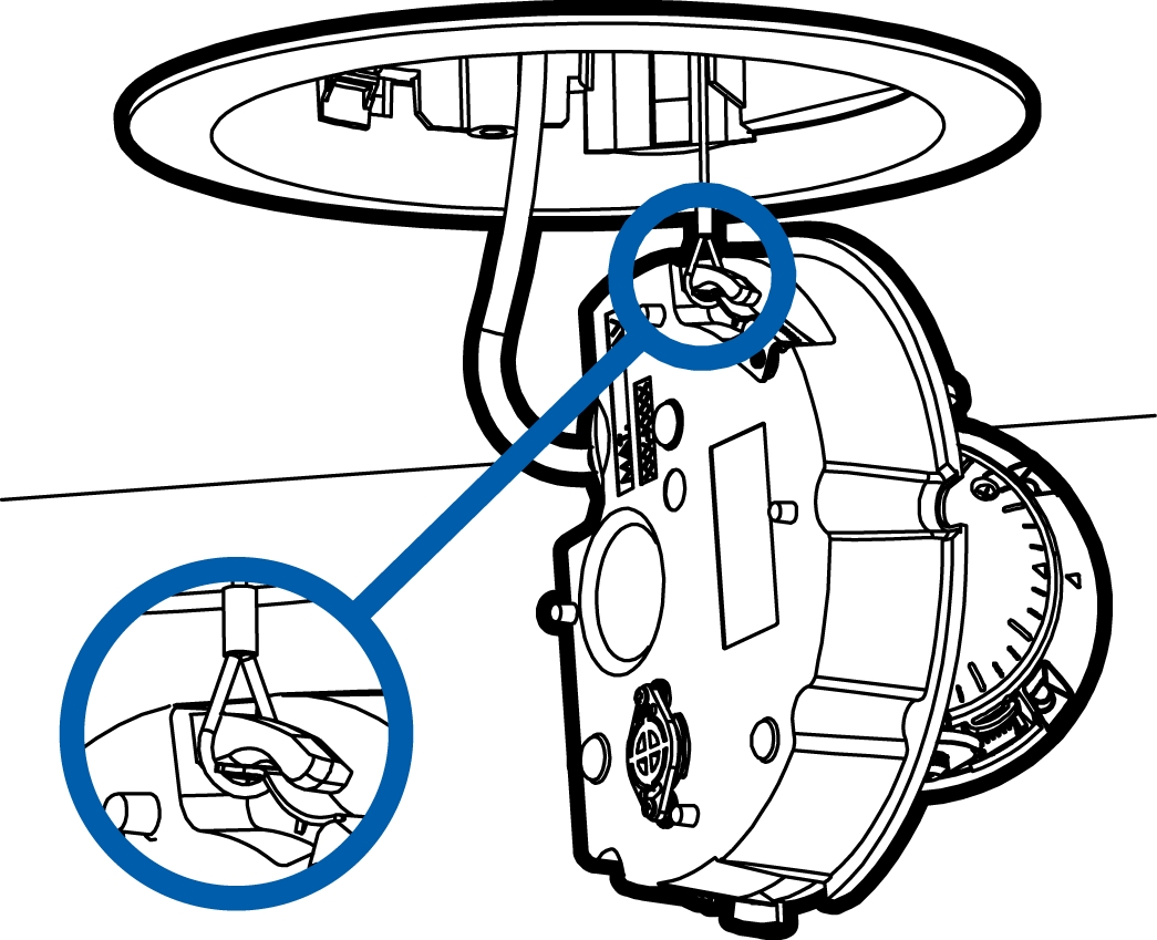 1. Fissare il cordoncino su adattatore per il montaggio sul punto di ancoraggio sulla base della telecamera. 2.