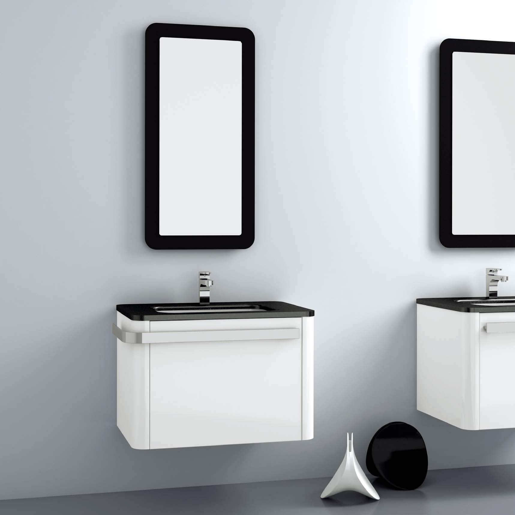 8 MO2111 Larghezza cm. 72 Profondità cm. 51 Mobile bianco lucido Top in marmo spaccato nero Lavabo sottopiano art.313 Width cm. 72 Depth cm.