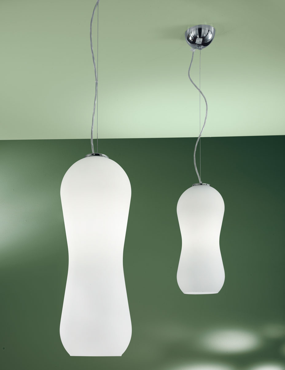 RANGE OF PENDANT, CEILING, WALL, TABLE AND FLOOR LAMPS IN SATIN FINISH MILK-WHITE BLOWN GLASS.