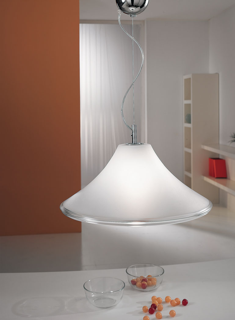 PENDANT LAMPS WITH CENTRIFUGED GLASS DIFFUSERS WITH SATIN FINISH WHITE DETAILING.