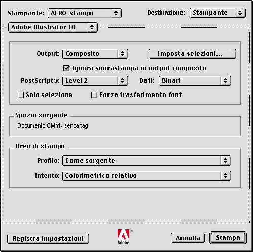 stampa 1 4 2 3 3 Per la versione Mac OS di Illustrator, specificare le opzioni di stampa appropriate. Selezionare l unità Color Server dal menu Stampante.