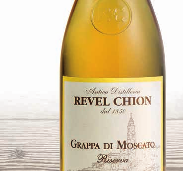 Grappa di Moscato Riserva Aspetto: Giallo dorato brillante. Sensazioni olfattive: Delicata e avvolgente con la classica nota di salvia.