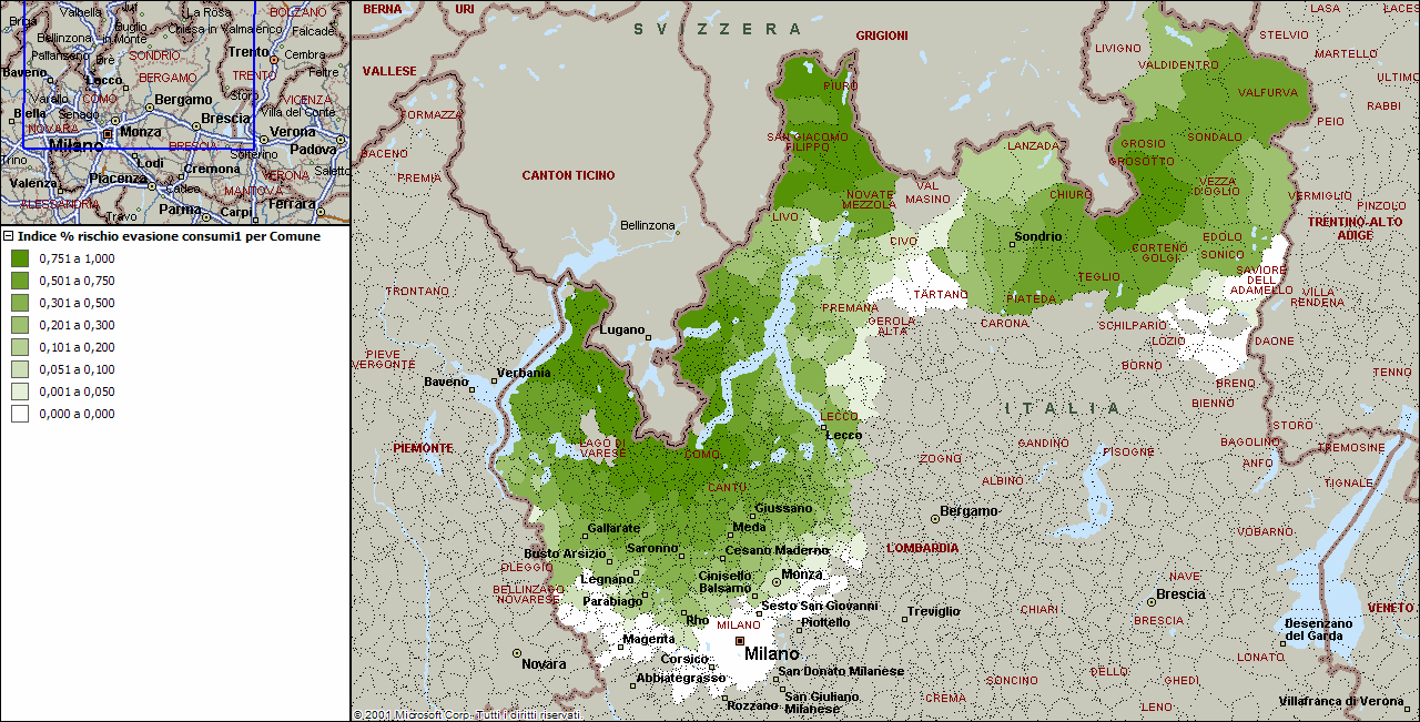 AREA A RISCHIO DI EVASIONE DEI CONSUMI DI BENZINA ESEMPIO: LOMBARDIA SETTENTRIONALE (Le aree bianche non sono a