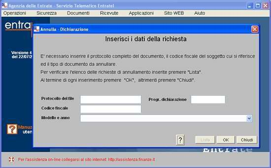 il numero di protocollo assegnato al file che contiene il documento da annullare (17 numeri), da ricavare dalla ricevuta del documento il numero progressivo che identifica il documento all