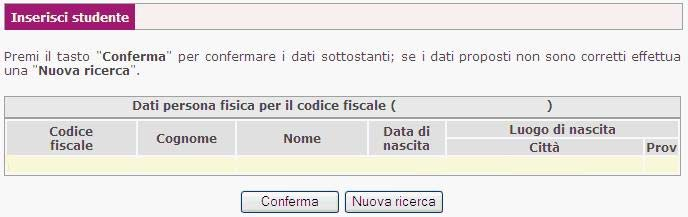 Se i dati anagrafici dello studente sono già in possesso di Regione Lombardia viene presentato il seguente pannello: Se i dati dello studente sono corretti, confermare lo studente