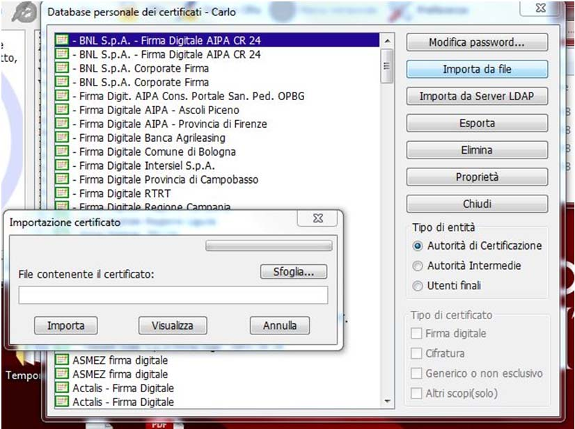 certificati 2) Apparirà la seguente finestra dalla quale andremo ad importare il certificato