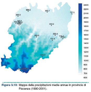 Precipitazioni In provincia di Piacenza l andamento delle precipitazioni annuali con la quota segue un gradiente positivo di circa 90 mm ogni 100 m.