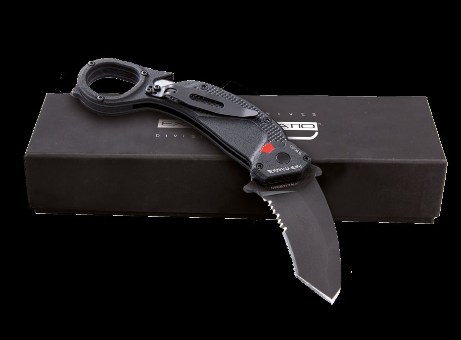 NIGHTMARE MEDIUM FOLDERS Weight (ounces): 5,85 Blade Length (inches):,89 Overall Length (inches): 7,7 Blade Thickness (inches): 0, Serration (inches): 0,78 Black Version: MIL-C-394 BURNISHING Stone