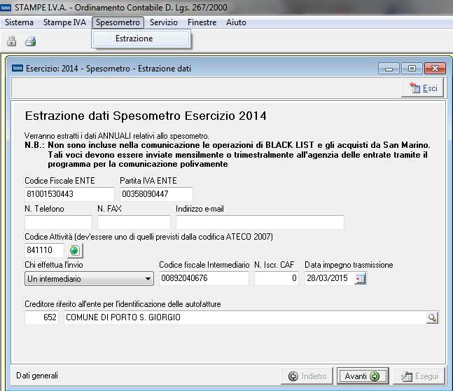 Utilizzare la voce di menù Spesometro per attivare l applicazione Estrazione. Viene attivata la maschera video con i dati: Inserire: 1) Codice Fiscale e P.