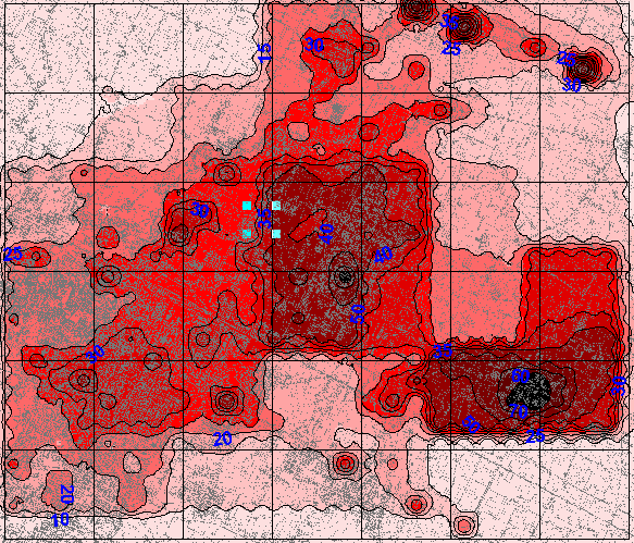 La mappa presenta i risultati del modello di diffusione applicato ai COV. Il cromatismo indica le concentrazioni di COV (in µg/m³) secondo la scala sottoriportata.
