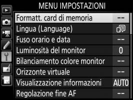 B Il menu impostazioni: impostazione della fotocamera Per visualizzare il menu impostazioni, premere G e selezionare la scheda B (menu impostazioni). Pulsante G Opzione 0 Opzione 0 Formatt.
