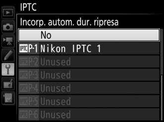 IPTC Pulsante G B menu impostazioni È possibile creare premisurazioni IPTC sulla fotocamera da incorporare nelle nuove foto, come descritto di seguito.