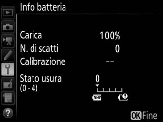 Info batteria Pulsante G B menu impostazioni Per visualizzare informazioni sulla batteria ricaricabile attualmente inserita nella fotocamera.