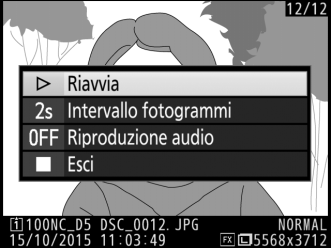 Al termine dello slide show, viene visualizzata la finestra di dialogo mostrata a destra. Selezionare Riavvia per riavviare o Esci per tornare al menu di riproduzione.