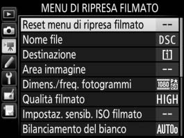 1 Il menu di ripresa filmato: opzioni di ripresa filmato Per visualizzare il menu di ripresa filmato, premere G e selezionare la scheda 1 (menu di ripresa filmato).