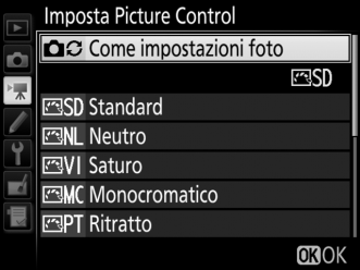 Imposta Picture Control Pulsante G 1 menu di ripresa filmato Scegliere un Picture Control per i filmati (0 44).
