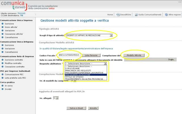 Dopo aver compilato l Intestazione del Modello e la Sezione Anagrafica, è necessario compilare la Sezione AGGIORNAMENTO POSIZIONE RI/REA indicando nome, cognome, codice fiscale e gli estremi di