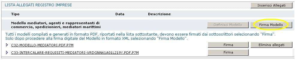 I modelli compilati e generati in formato PDF/A devono essere firmati dai sottoscrittori: per ciascuno procedere premere il bottone Firma.