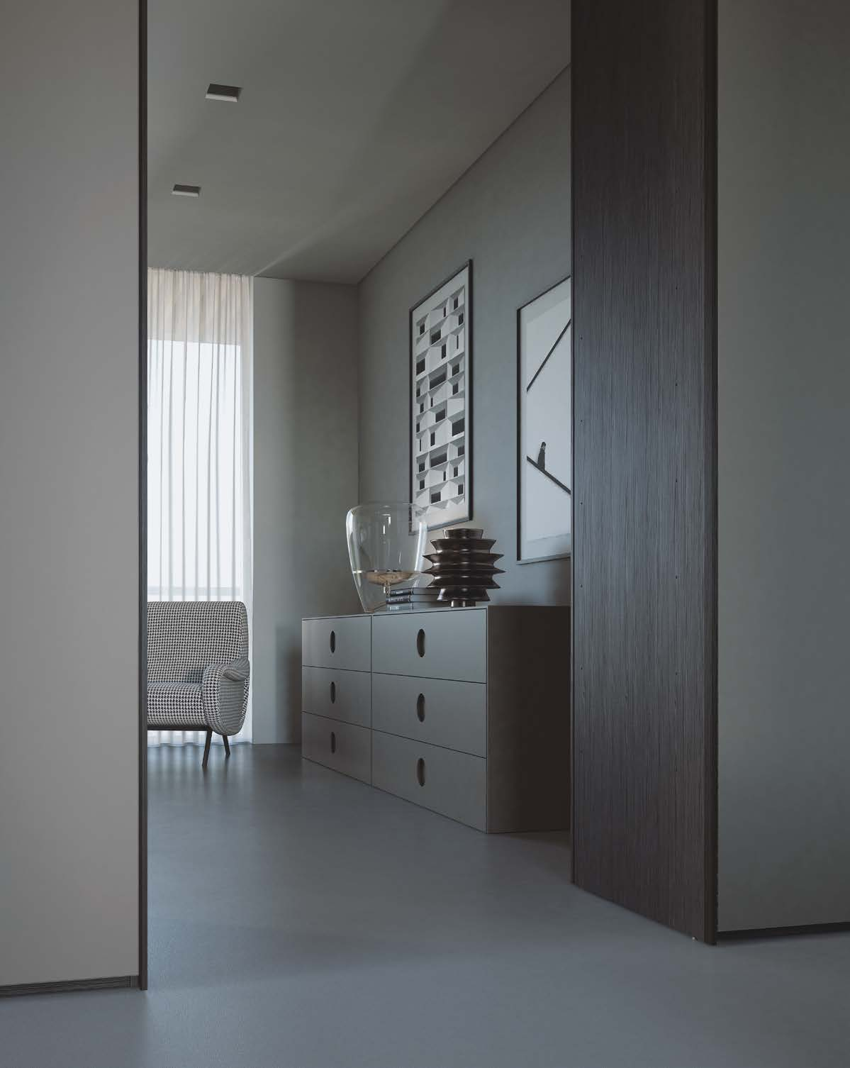 Above and left: Oblò chest of drawers in matt
