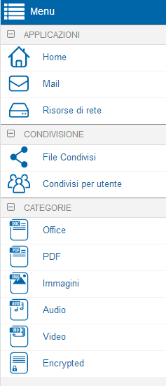 2. MENU Il menu principale, presente a sinistra della schermata home, indica le principali funzioni di LiveBox suddivise in: Applicazioni, Condivisione e