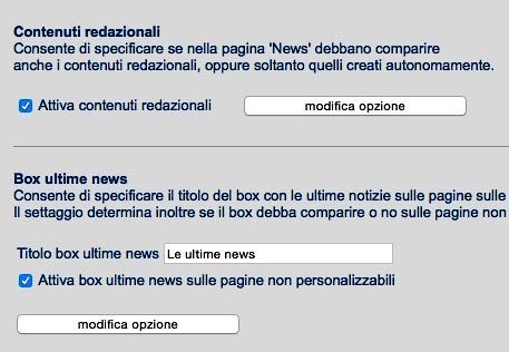 Questa sezione permette di inibire la visualizzazione di specifiche notizie, nella pagina News, deselezionandole dalla tabella.