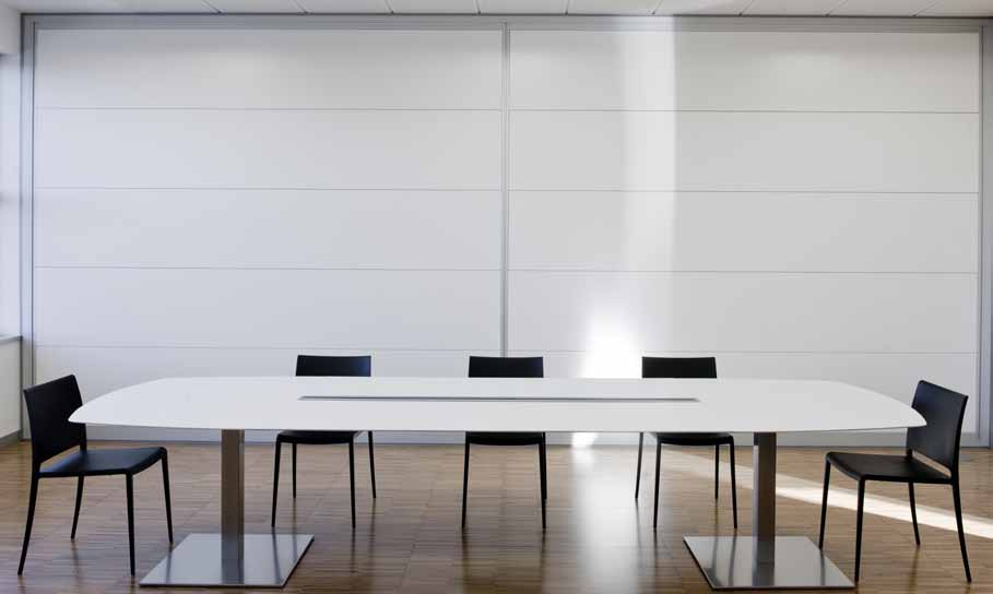 Meeting table available with rectangular or oval tops, combined with round or square brushed stainless steel bases. Optional is the desk cable management in extruded aluminium.