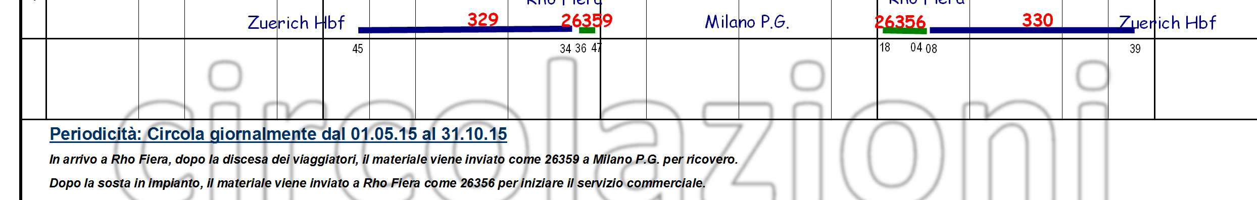 G. per ricovero. Dopo la sosta in impianto, il materiale viene inviato a RHO come 26366, effettua giro banco e prosegue per come 26367 per iniziare il servizio commerciale.