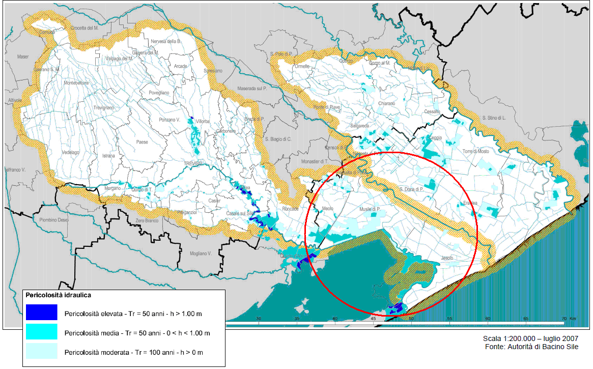 Fig. 10.2: Pericolosità idraulica, bacino del fiume Sile (fonte: www.cndamb.