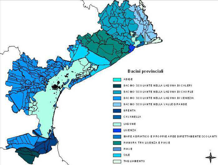 - Tagliamento (che segna il confine con il Friuli Venezia Giulia) - Livenza - Sile - Lemene - Dese che getta le sue acque nella laguna. Fig. 2.1.1: Carta dei bacini idrografici.