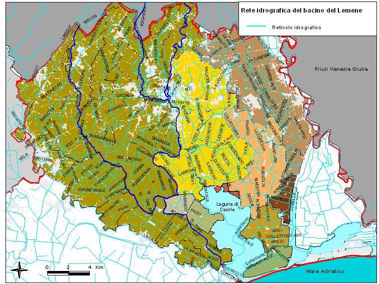 Fig. 6.4: Rete idrica principale e secondaria del bacino del Lemene I fiumi Reghena e Loncon sono sicuramente gli affluenti più importanti, sia per le loro dimensioni che per la loro portata.