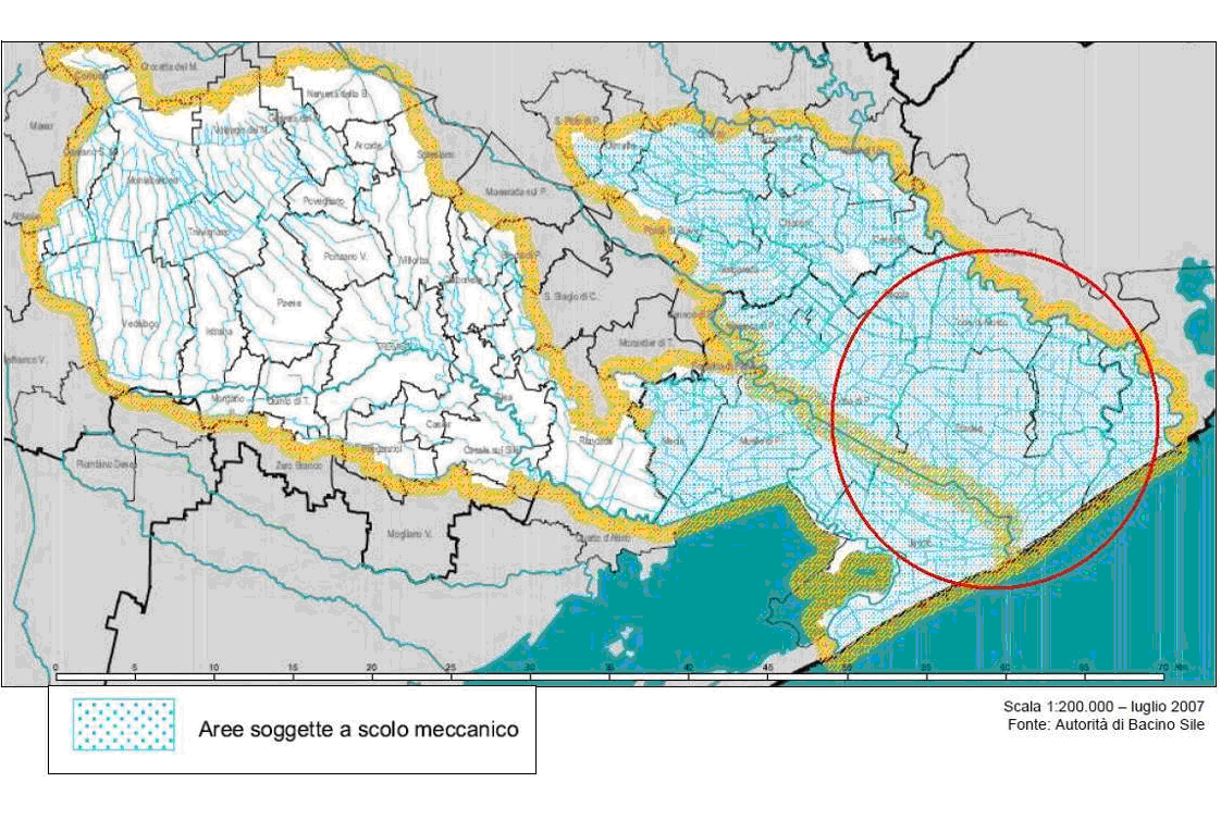La peculiarità del territorio viene messa in evidenza anche dalle seguenti cartografie dove si rappresenta la pericolosità per inondazioni, il rischio idraulico e le aree soggette a scolo meccanico