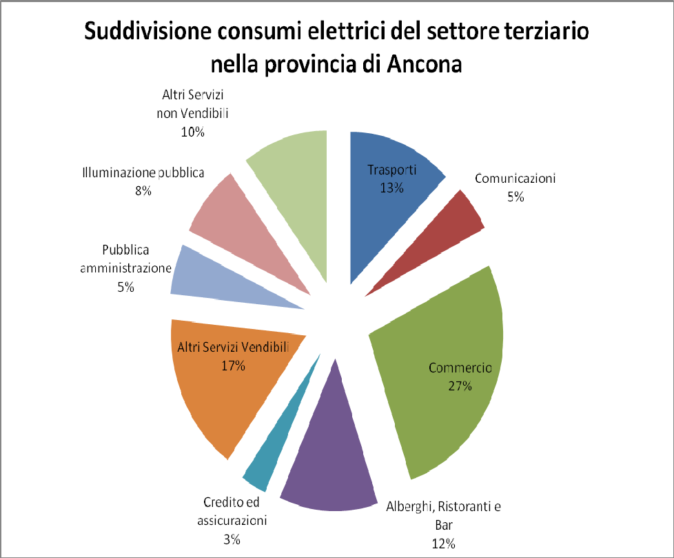 I consumi elettrici del settore terziario della provincia di Ancona sono dovuti per il 77 % ai servizi vendibili (commercio, turismo,..) e per il 23 % da servizi non vendibili in cui la P.A. e l illuminazione pubblica pesano rispettivamente per il 5 % e l 8 %.