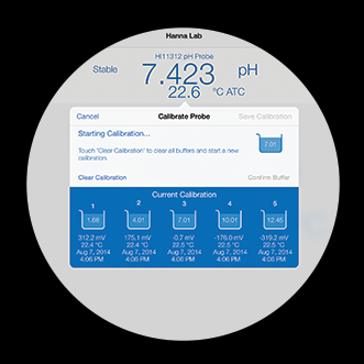Calibrazione fino a 5 punti L applicazione Hanna Lab permette di effettuare una calibrazione dell elettrodo utilizzando fino a cinqu automaticamente riconosciuti e compensati in temperatura durante