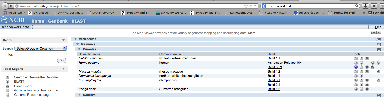 Viewer MAP VIEW che mostra una ampia varietà di genomi sequenziati sa