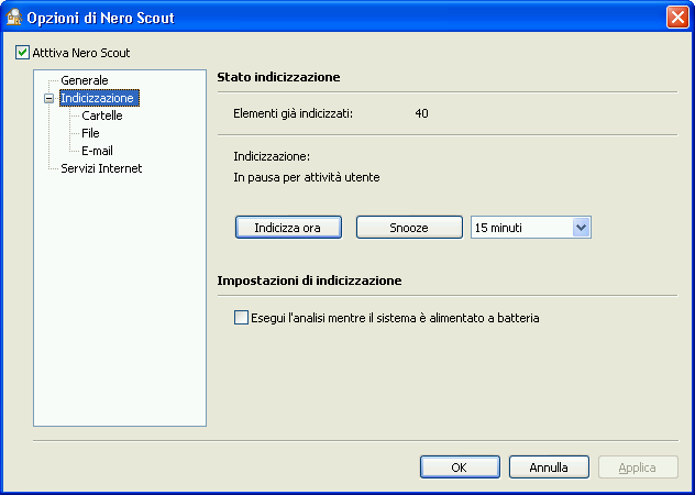 Attivazione e configurazione di Nero Scout 2.3 Indicizzazione La voce Indicizzazione nella struttura di spostamento offre una panoramica dei file già indicizzati.