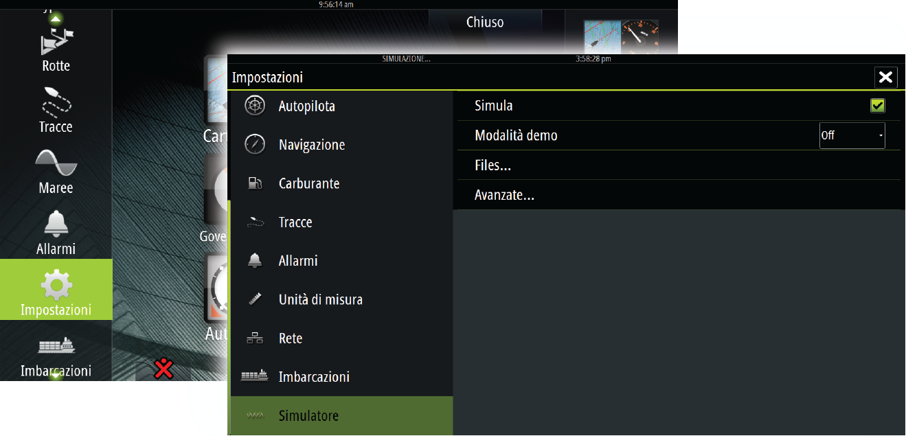 21 Simulatore La funzione Simulatore consente di osservare il funzionamento dell'unità in una posizione stazionaria e senza il collegamento all'ecoscandaglio, al radar, al GPS e così via.