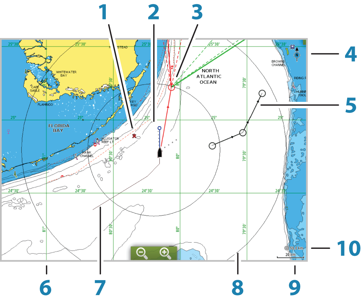 4 Carte La funzione cartografica visualizza la posizione dell'imbarcazione rispetto alla terraferma e ad altri oggetti cartografici.