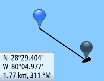 Misurazione delle distanze Il cursore può essere utilizzato per misurare la distanza tra l'imbarcazione e una posizione selezionata o tra 2 punti del riquadro cartografico. 1.