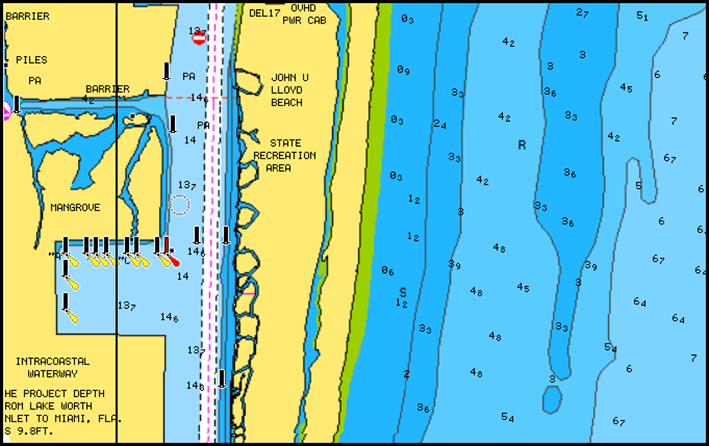 Acqua bassa evidenziata Evidenzia le aree di acqua bassa. Permette di evidenziare le aree di acqua comprese tra 0 e una profondità selezionata (fino a 10 metri/30 piedi).