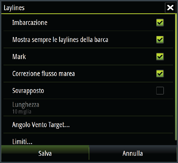 Layline Configura le opzioni per le layline sulla carta e nei riquadri Governo a Vela. L'immagine mostra le layline dall'indicatore/ waypoint con limiti.